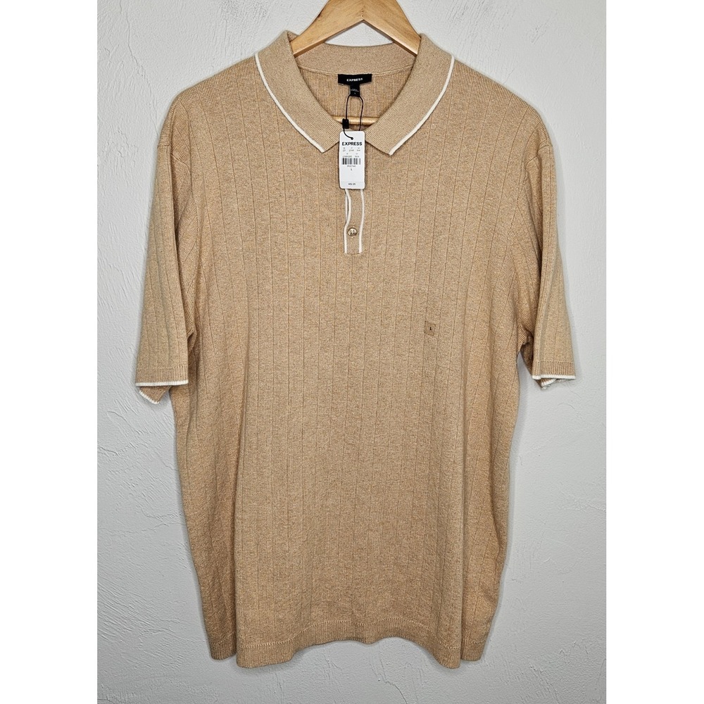*NEW w/Tag Mens Express Khaki/Tan Polo Short Sleeve Shirt Size Large 100% Cotton